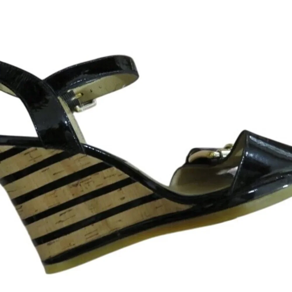 Michael Kors Embellished Buckled Black Italian Leather Wedge sandals heels